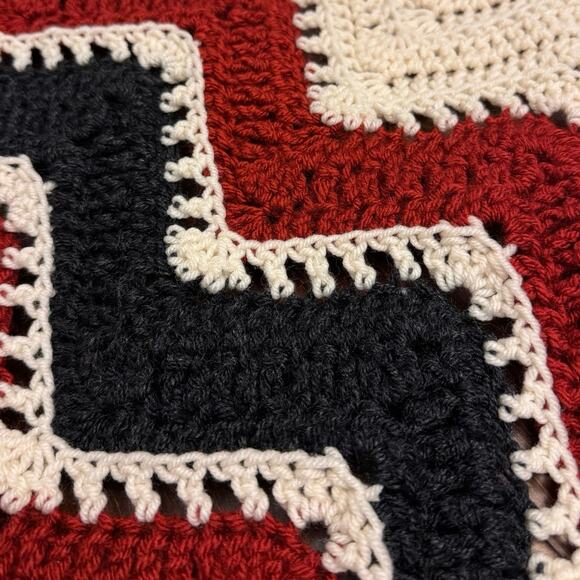 Knitted afghan crochet chevron throw blanket homemade 77” x 52” red cream blue - Picture 6 of 7